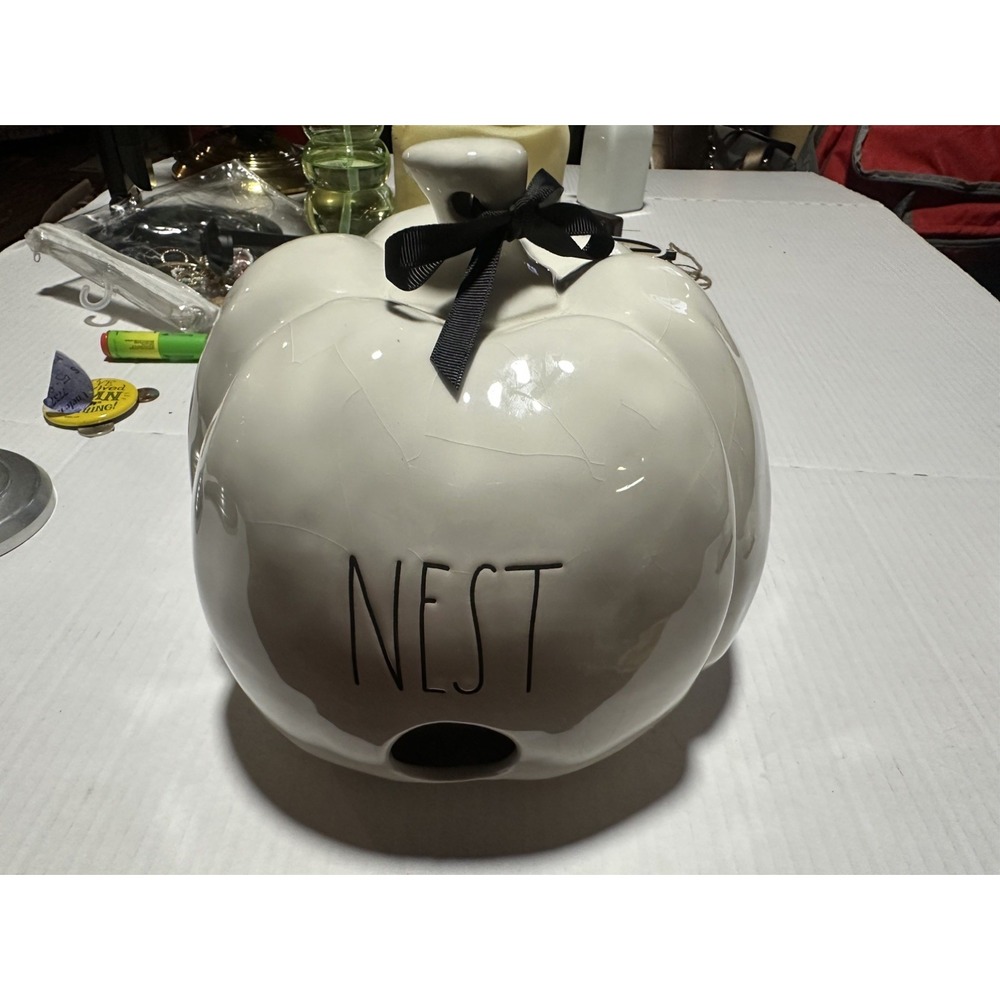 Rae Dunn NEST White Pumpkin Birdhouse with Orange Bow 9"x9" LL Style